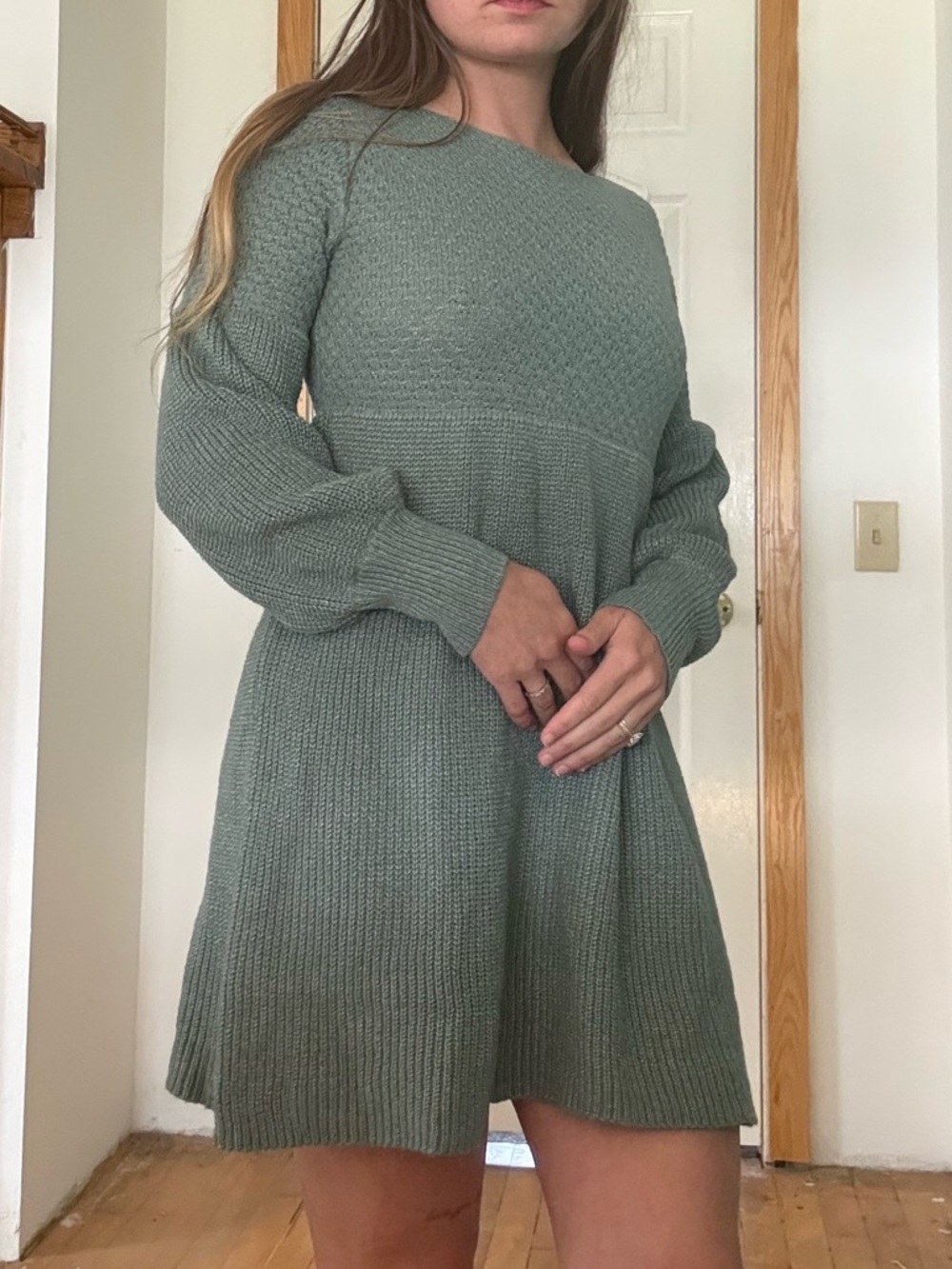Long-Sleeve Knit Dress in Sagey Teal Green